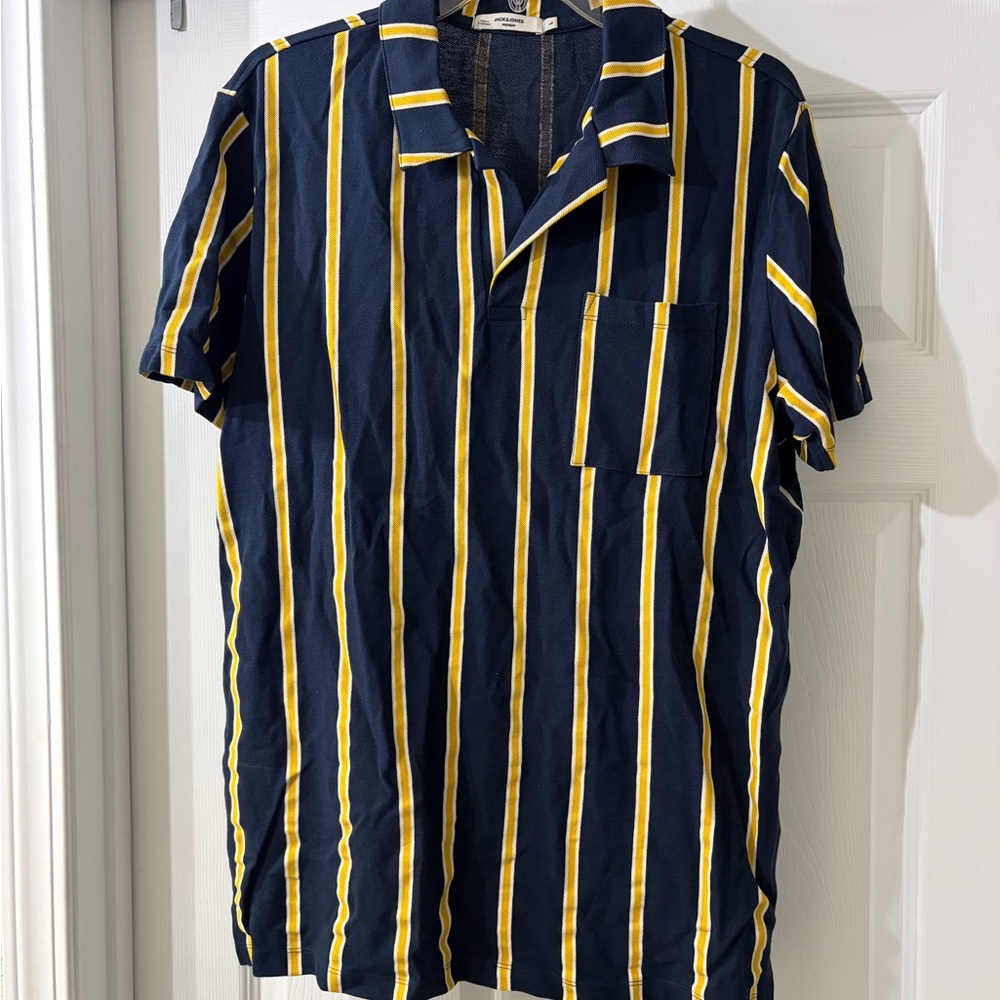 Jack & Jones Navy Shirt with Yellow Vertical Stripes